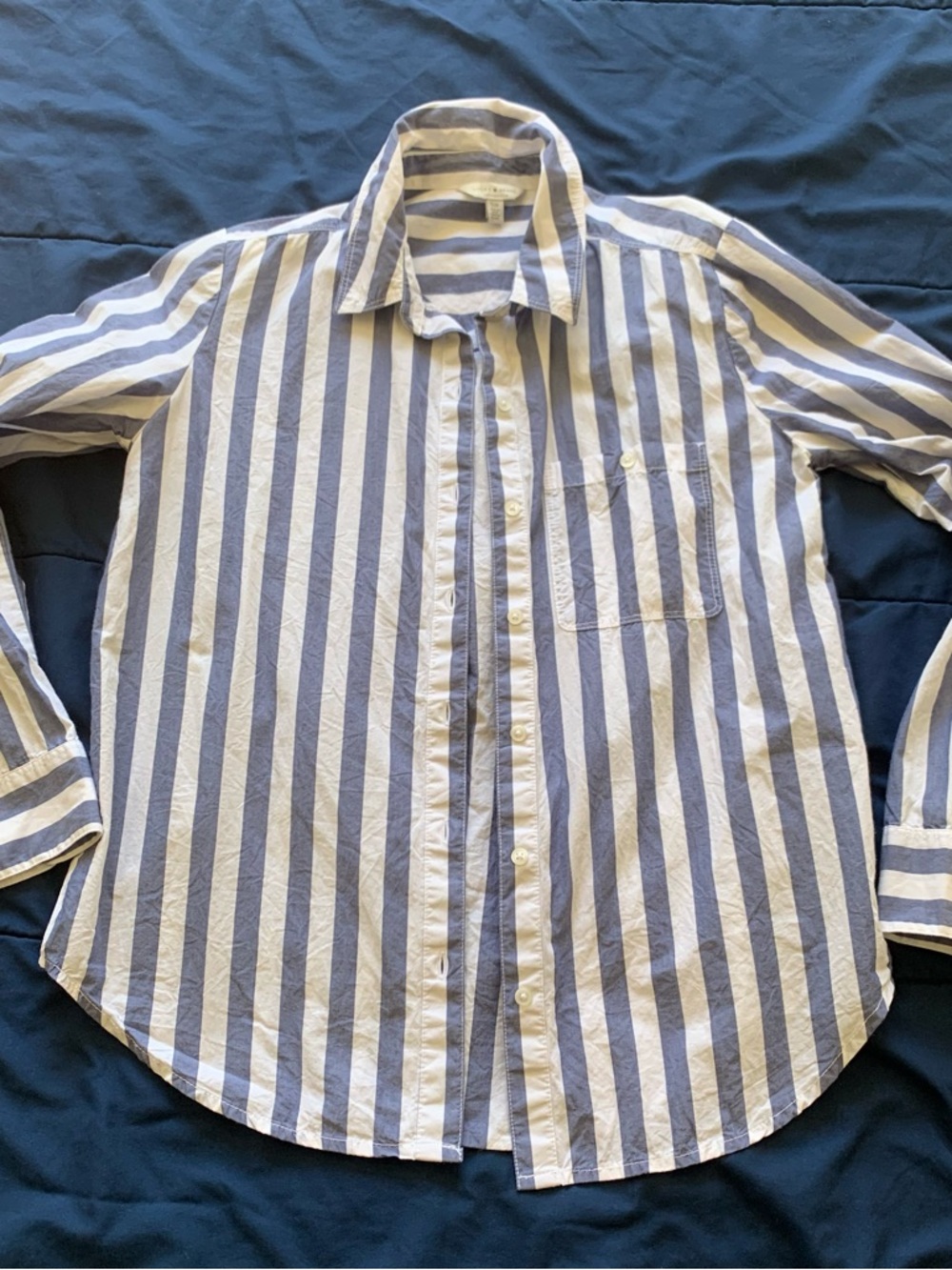 Lucky Brand White and Blue Vertical Stripe Button-Down Blouse